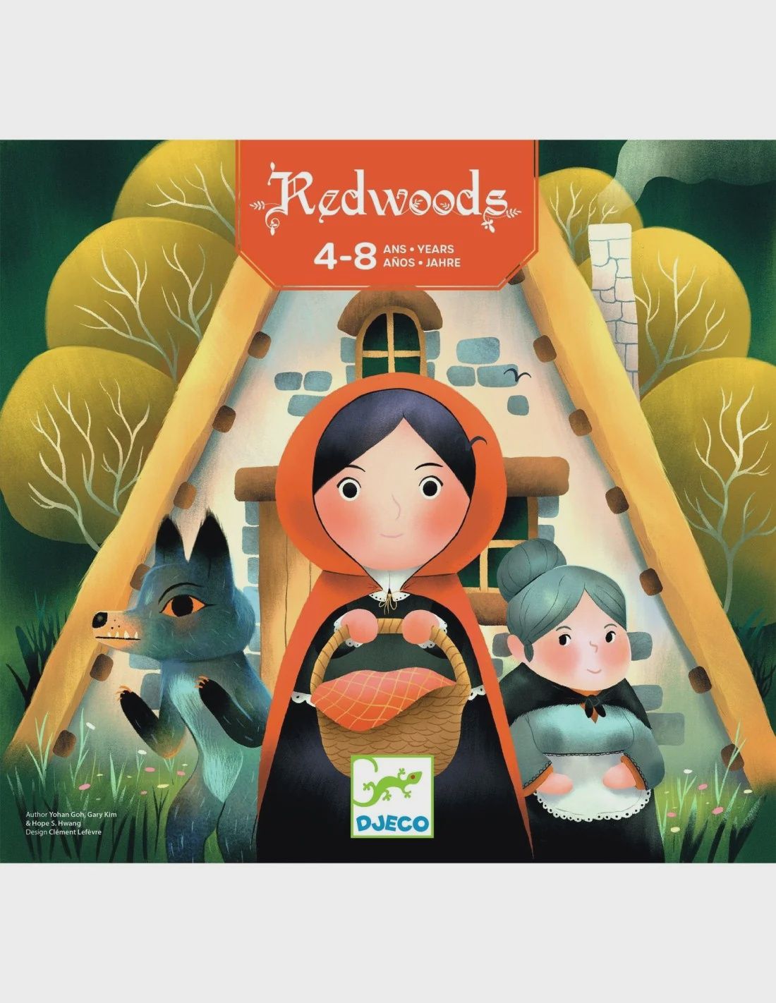 Prachtige bordspeldoos met roodkapje, oma en de wolf afgebeeld voor een huisje