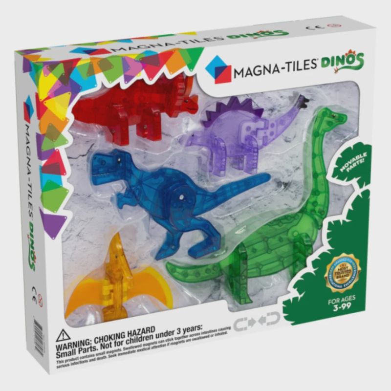 Verpakking met 5 dinos van magnetisch speelgoed erin (magna tiles)