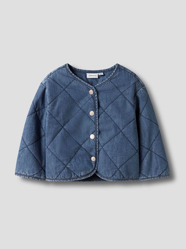 Stijlvol denim jasje van Name It Mini in Dark Blue Denim kinderkleding, voorkant.