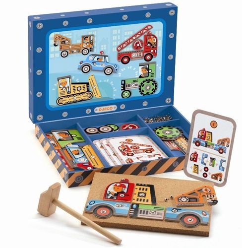 Djeco Hamertje Tik Tap-Tap Voertuigen bordspel, inhoud van de doos.
