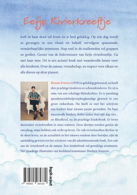 Achterkant van het voorleesboek Eefje Rivierkreeftje, met informatie hoe het boek kinderboek ontstaan is.