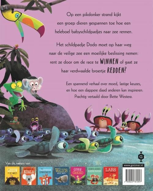 Rachel Bright &amp; Jim Field Schiet op schildpadjes prentenboek achterkant.