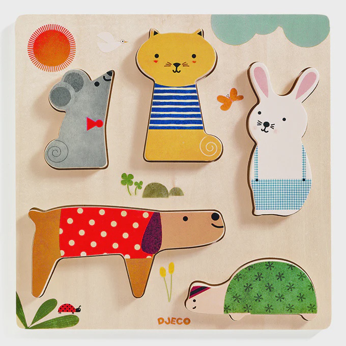 Djeco Woodypets houten reliëfpuzzel stapeldieren kinder puzzel 1+