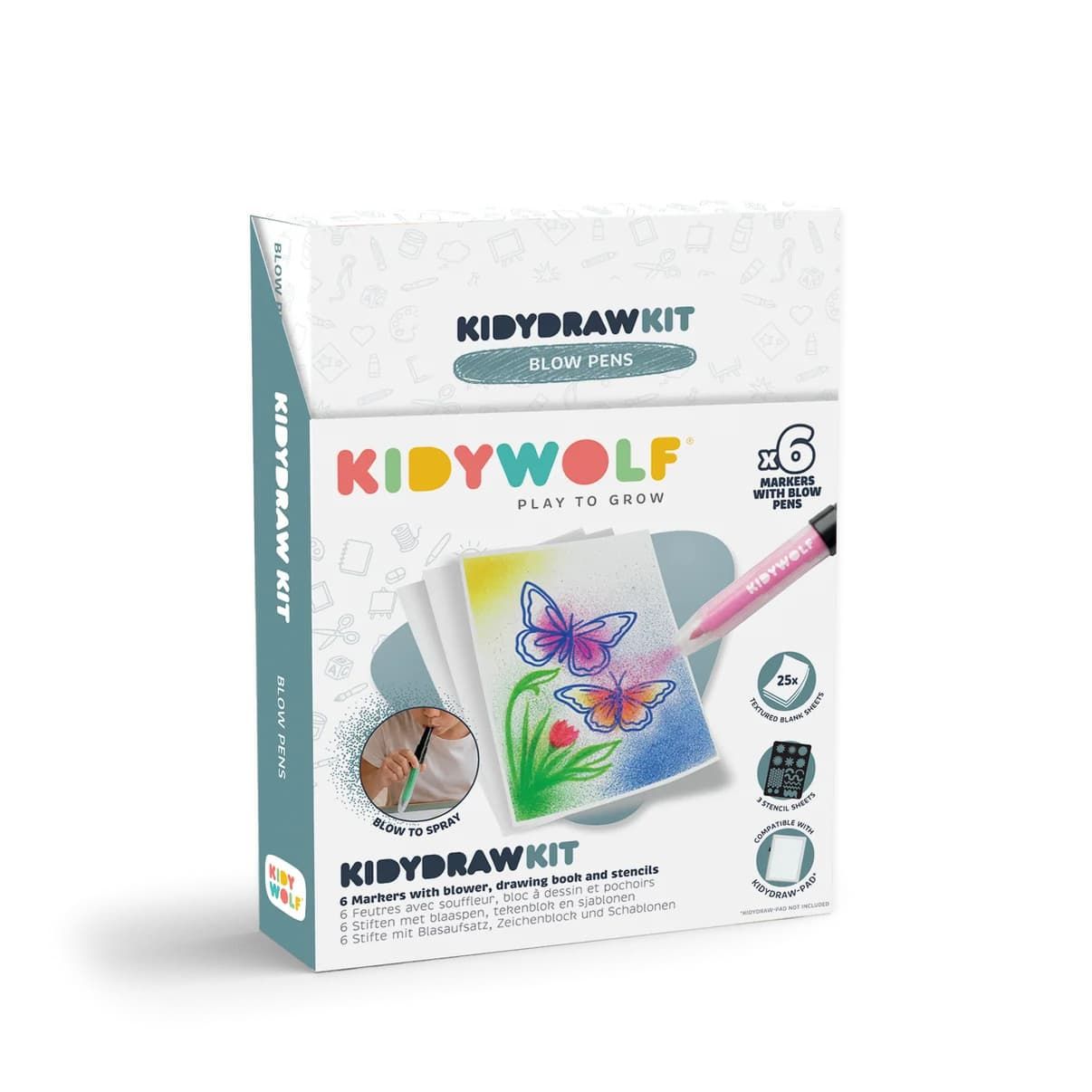 Kidywolf KIDYDRAW-PAD Kit Blaaspennen (6 pennen, 3 sjablonen, 25 vellen)