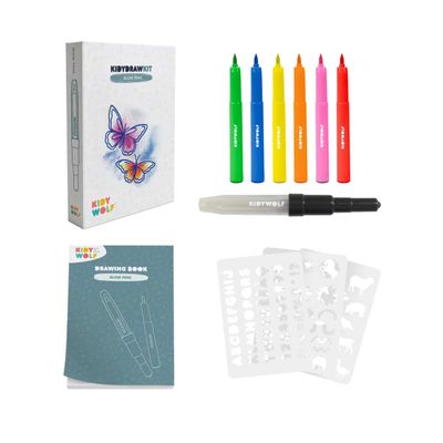 Kidywolf KIDYDRAW-PAD Kit Blaaspennen (6 pennen, 3 sjablonen, 25 vellen)