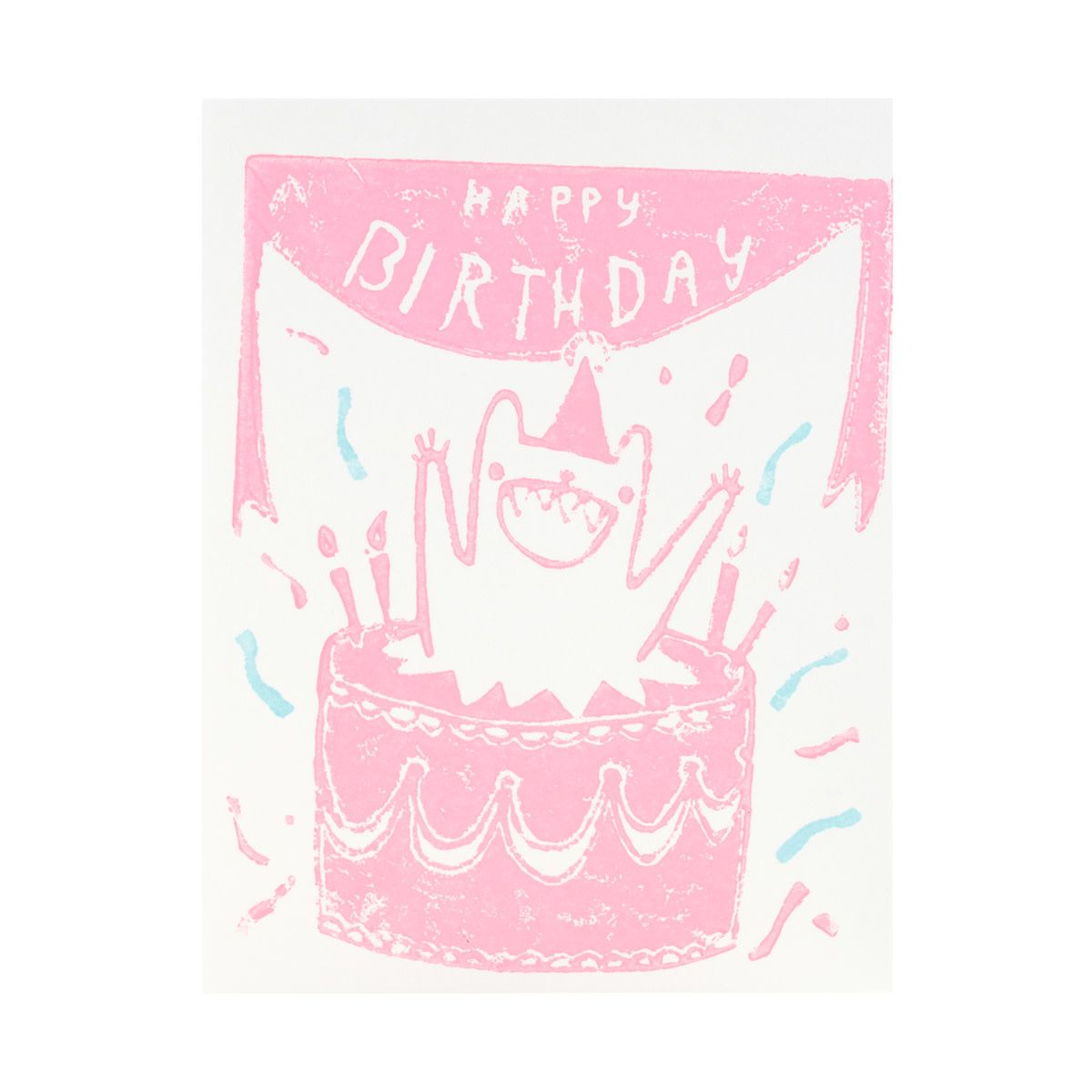 Jumping Out Of A Cake Woodblock Print Card