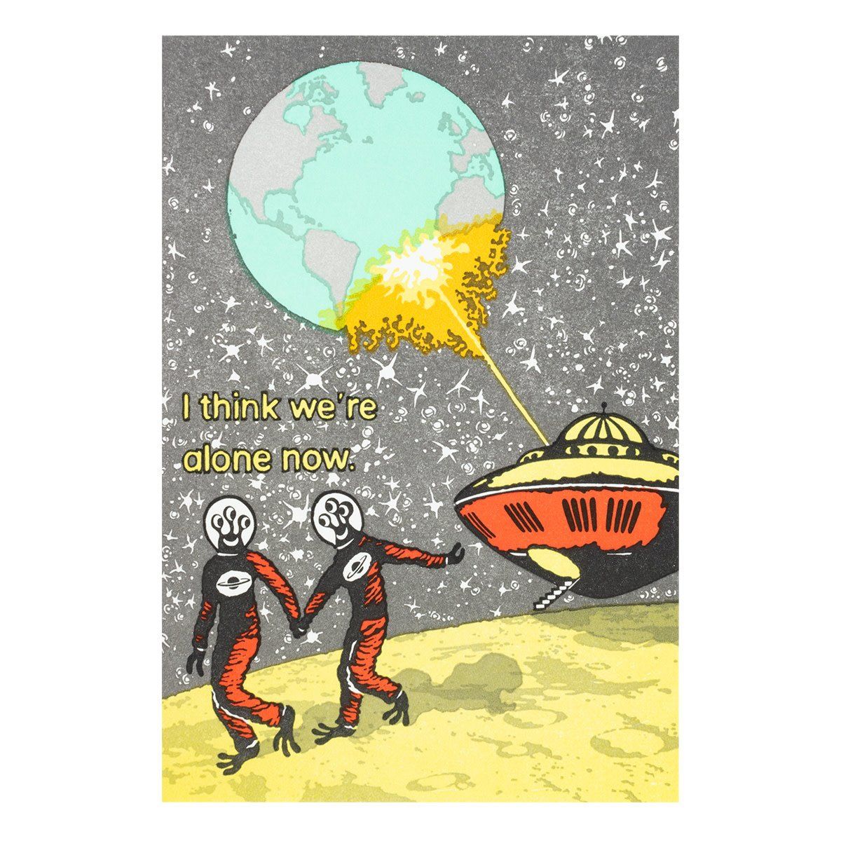 I think we're alone now letterpress card