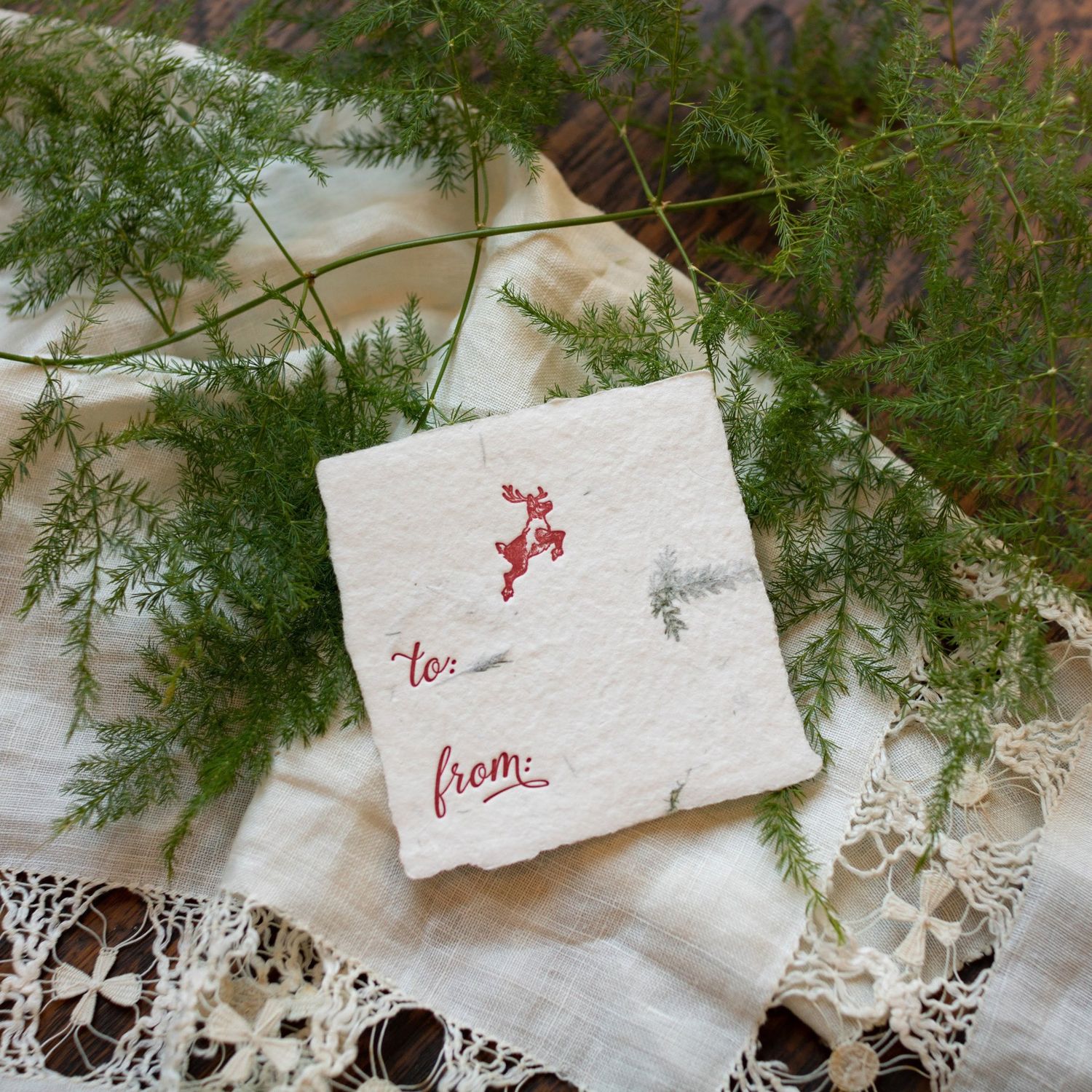 Petite Reindeer Fern Handmade Paper Letterpress Tag