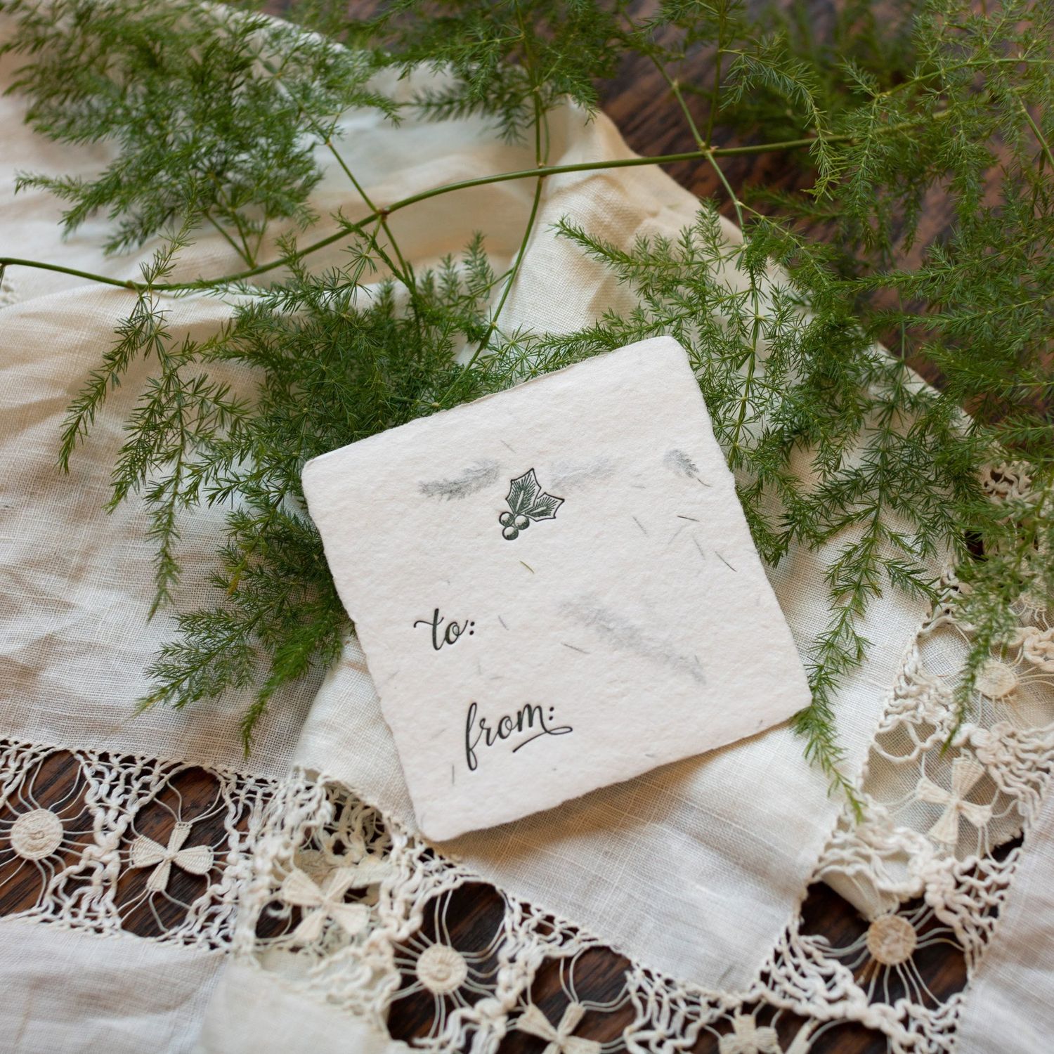 Petite Holly Fern Handmade Paper Letterpress Tag