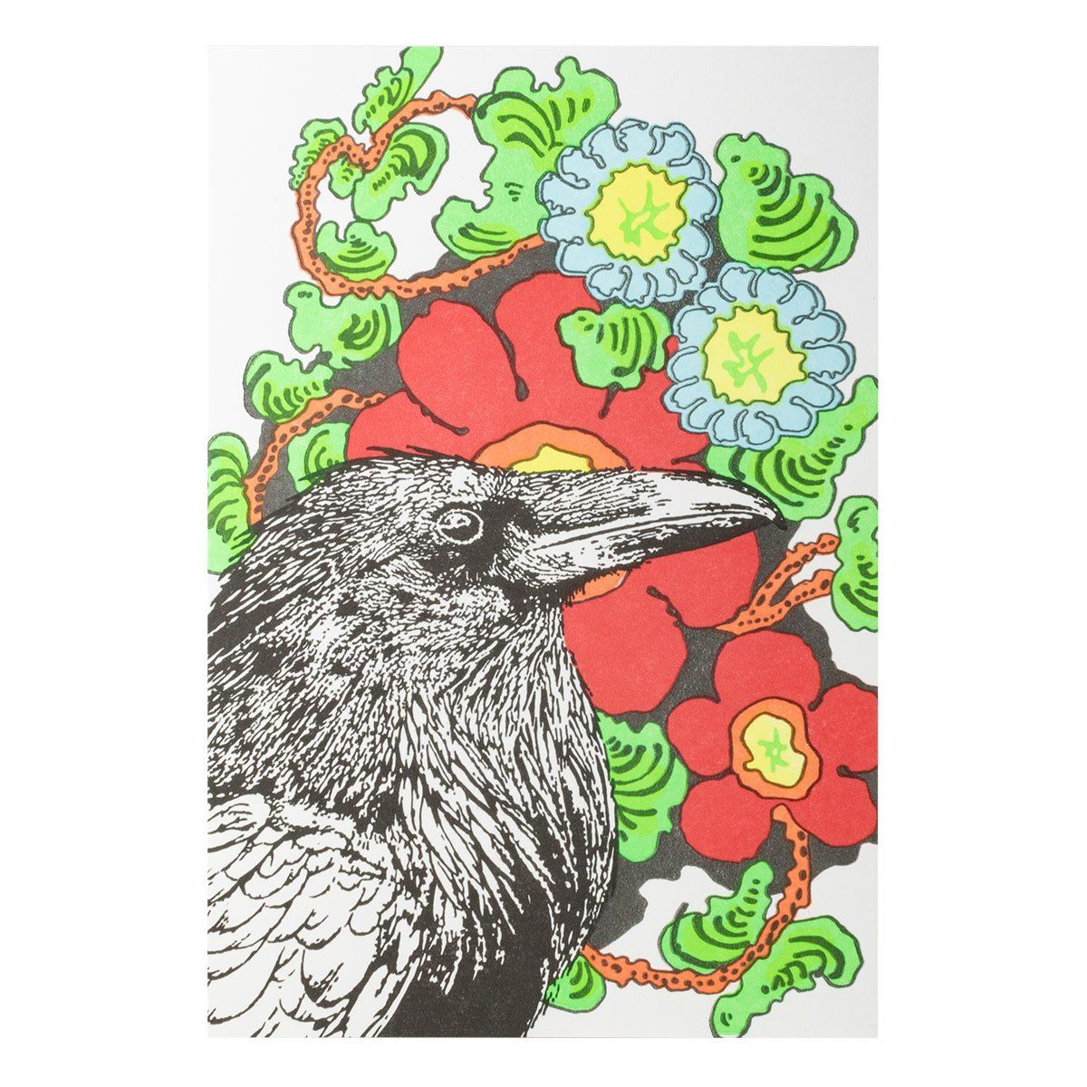 Raven Framed in Brilliant Red &amp; Blue Flowers Letterpress Card