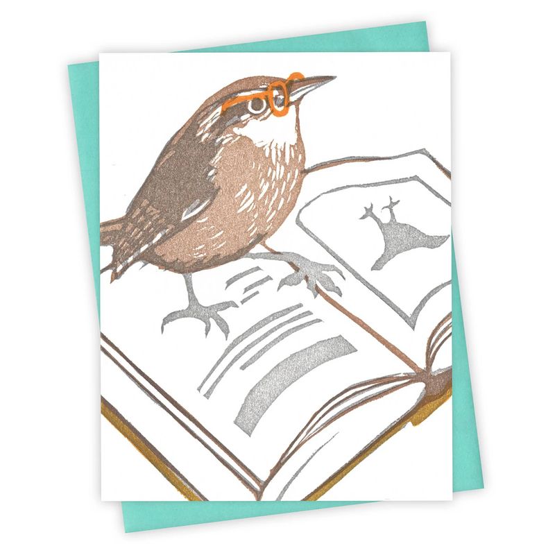 Bookworm Wren Letterpress Card