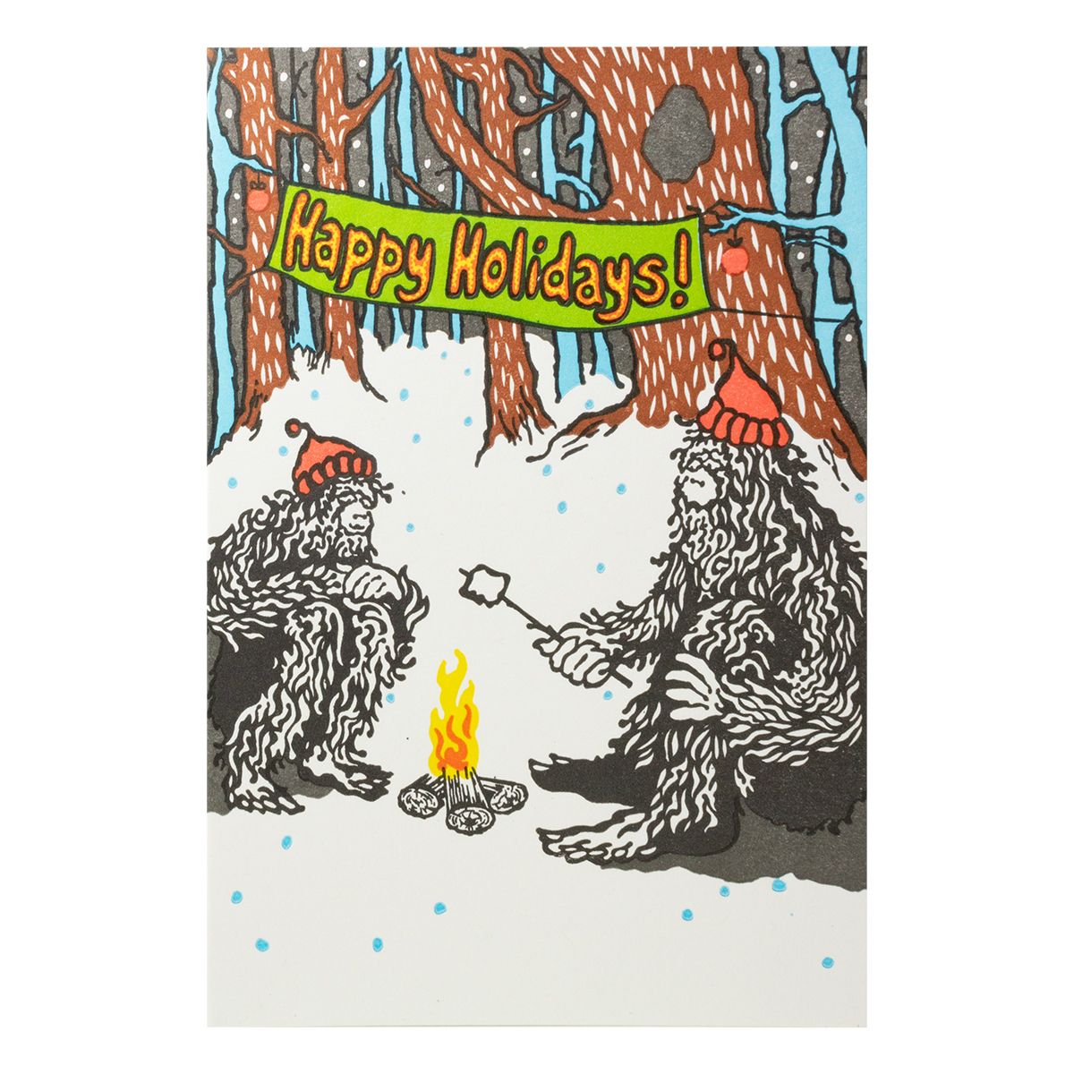 Happy Holidays Sasquatch Campfire Letterpress Card, Size: Single