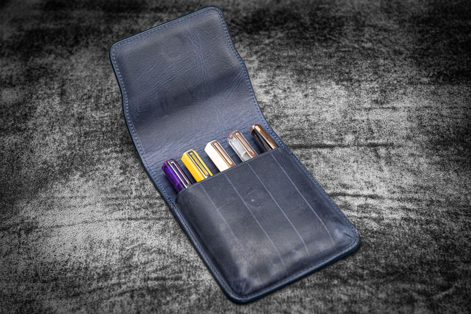 Leather Flap Pen Case for Five Pens - Crazy Horse Navy Blue