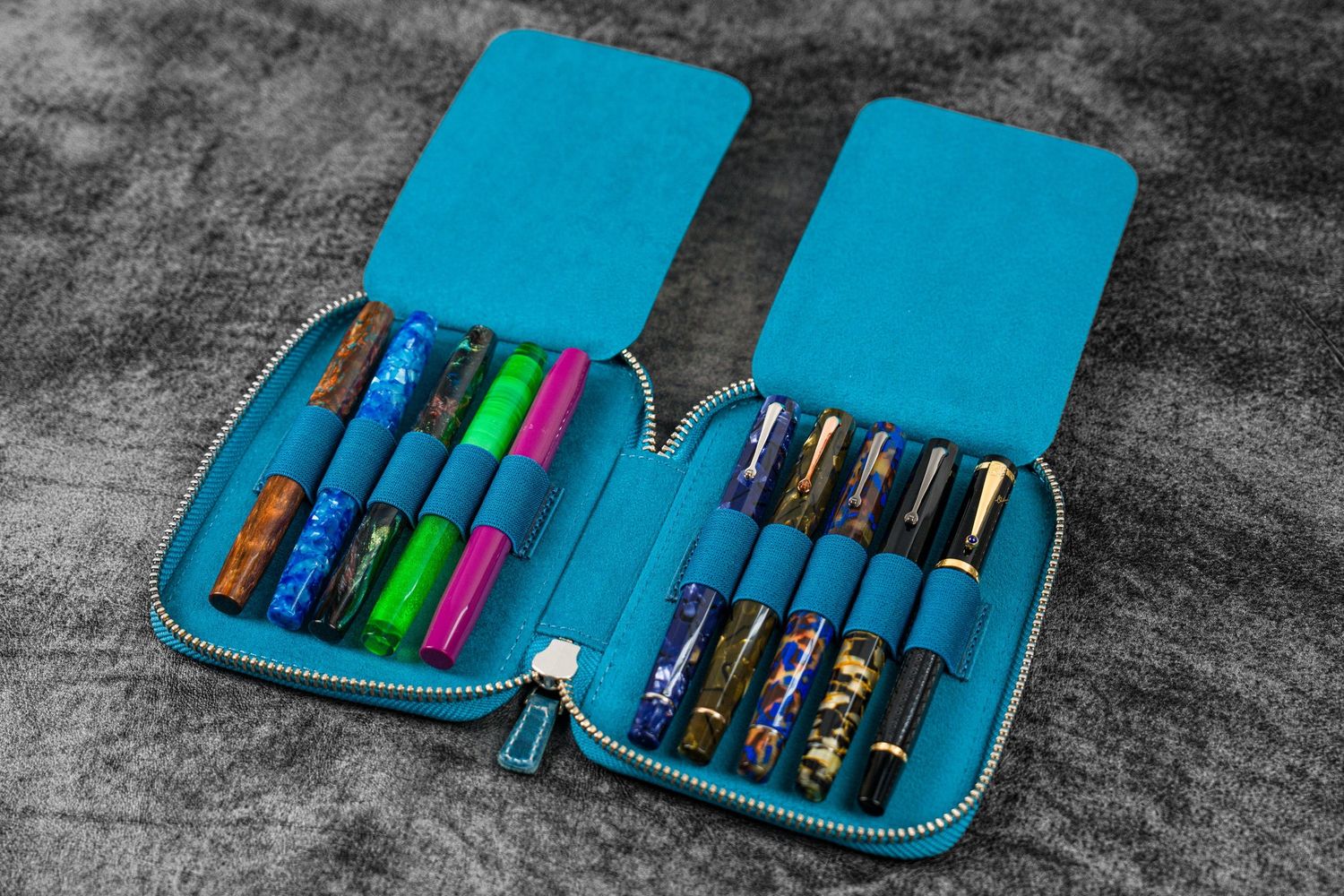 Leather Zippered 10 Slots Pen Case - Crazy Horse Ocean Blue
