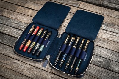 Leather Zippered 10 Slots Pen Case - Crazy Horse Navy Blue