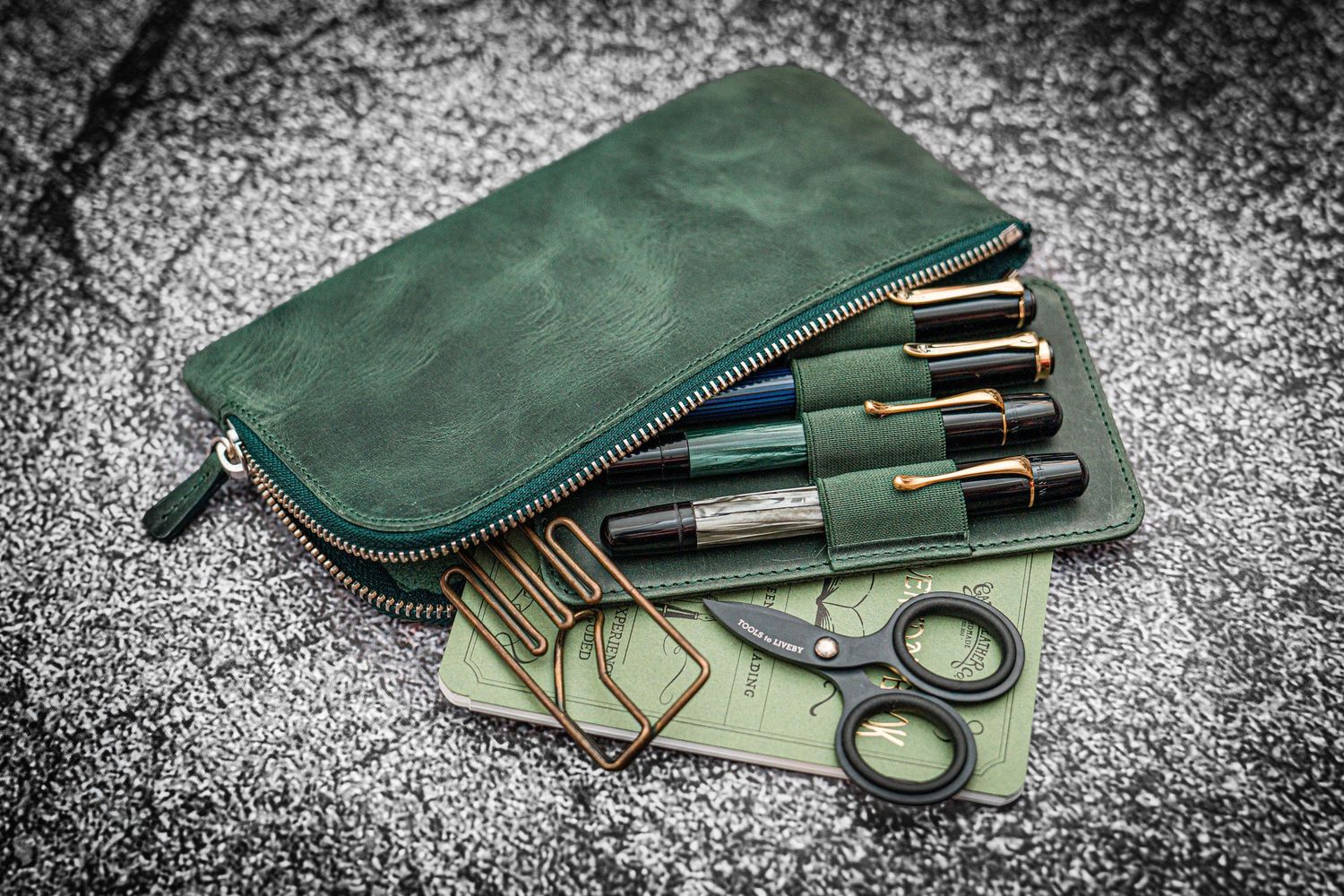 Leather Slip-N-Zip 4 Slots Zippered Pen Pouch - Crazy Horse Forest Green