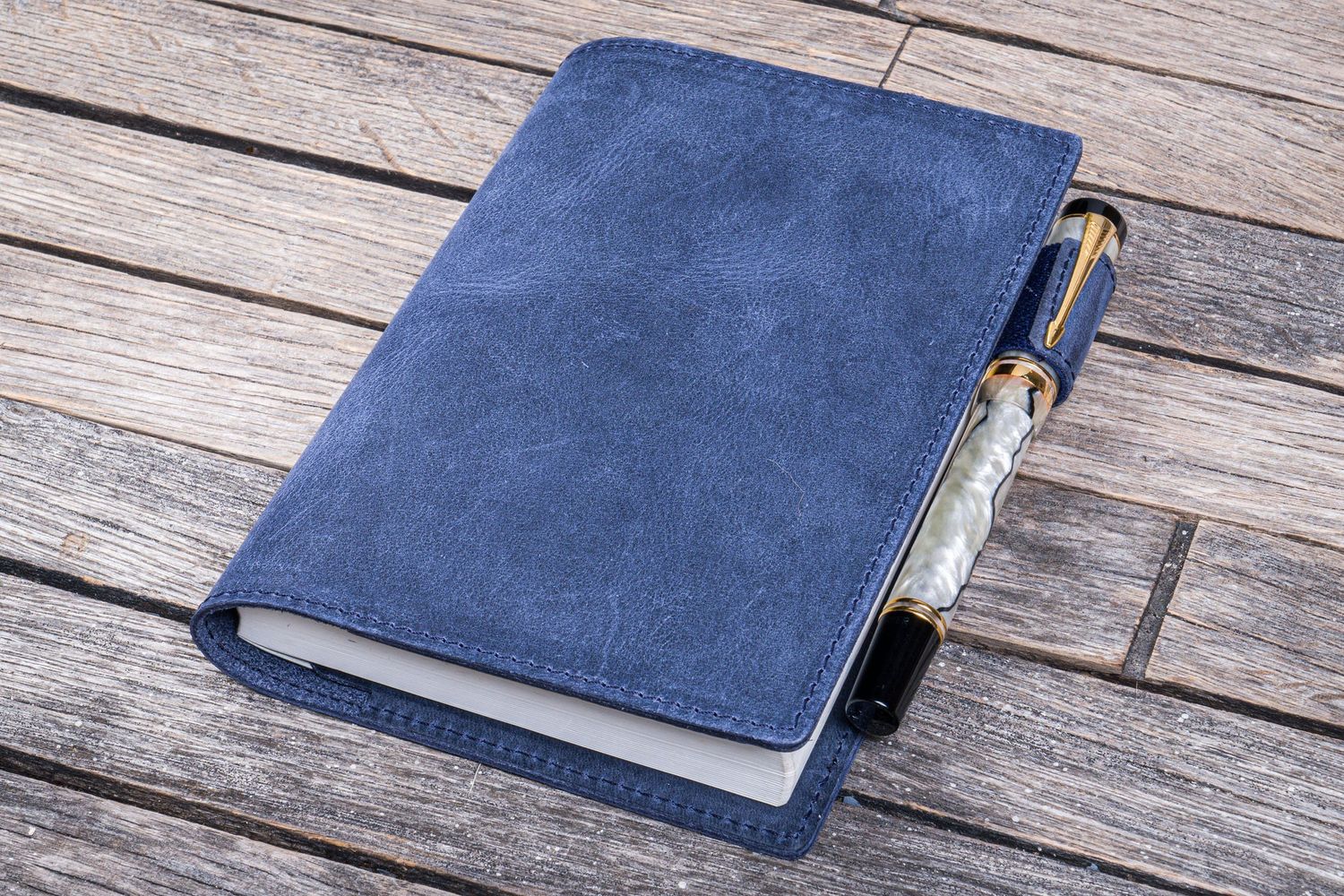 Leather Slim A6 Notebook &amp; Planner Cover - Crazy Horse Navy Blue