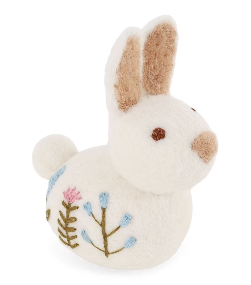Sitting Bunny with Flower Embroidery - White