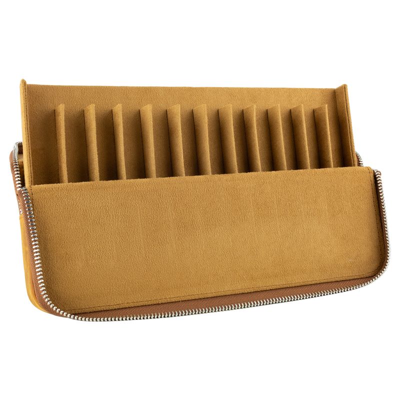 Leather Magnum Opus 12 Pen Slot Zippered Hard Case with Removable Tray Crazy Horse Brown