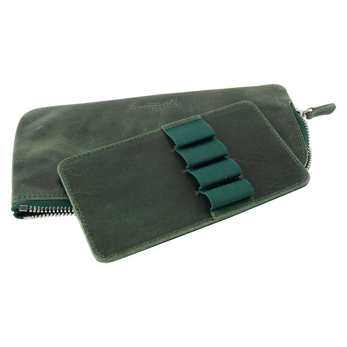 Leather 4 Pen Slot Zip Pouch with Removable Insert Forest Green