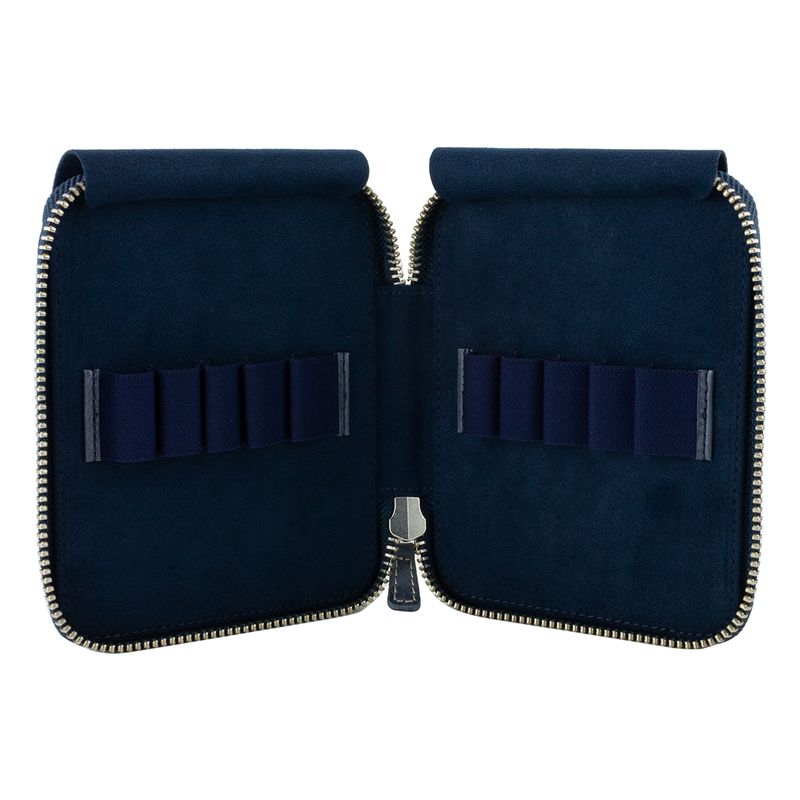 Leather 10 Pen Slot Zip Pouch Navy Blue