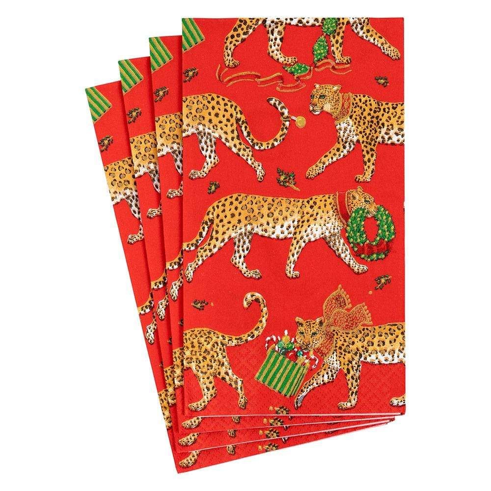 Caspari - Christmas Leopards Red Guest Towel Napkins