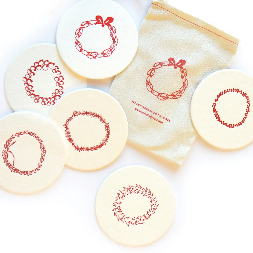 Merry Wreaths Letterpress Coasters Set of 6