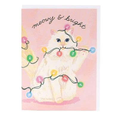 Fluffy Cat &amp; Twinkle Lights Holiday Card