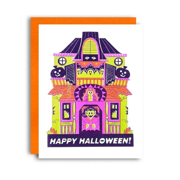 Haunted House Risograph Halloween Card