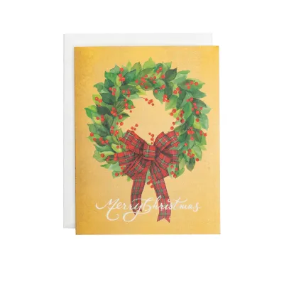 Leaf Wreath with Plaid Bow Holiday Cards (box of 15)