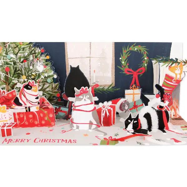 Playful Cats Panoramic Christmas Pop-Up Card with Lights