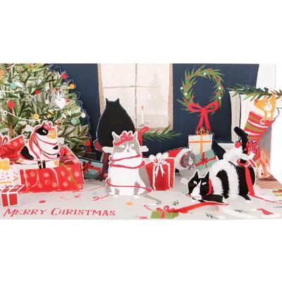 Playful Cats Panoramic Christmas Pop-Up Card with Lights