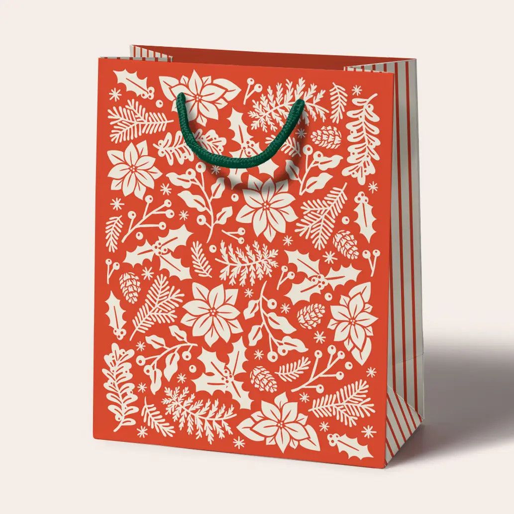 Holly Sprig Floral Red Medium Gift Bag