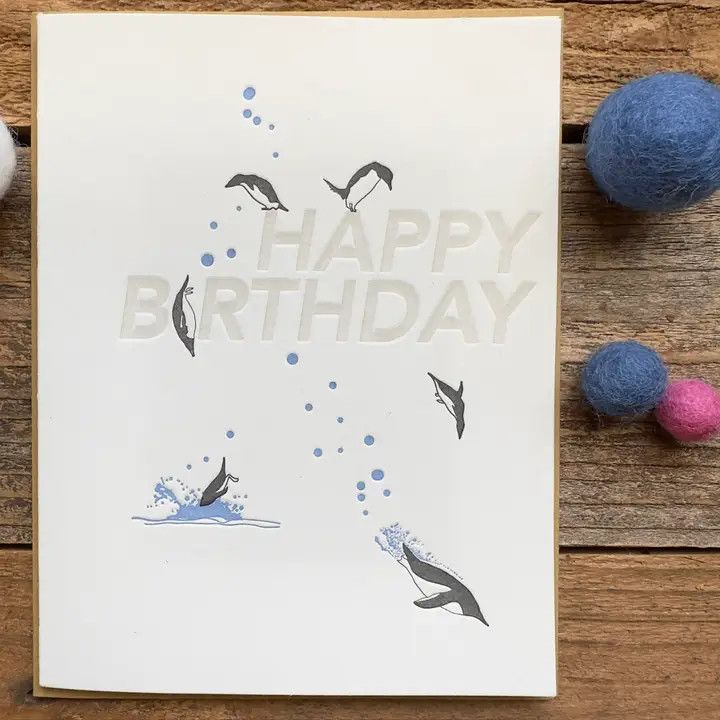 Happy Birthday Penguins Letterpress Greeting Card