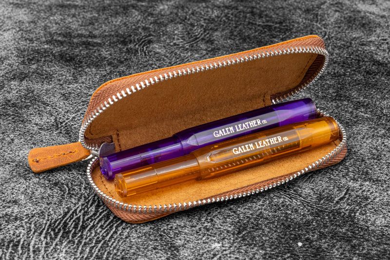 Leather Zippered Double Pen Case - Pocket Pen - Crazy Horse Brown