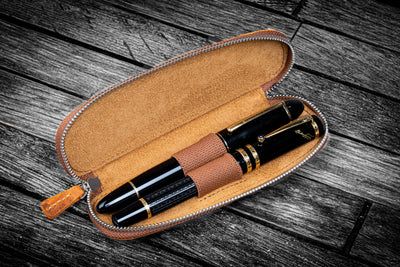 Leather Zippered Duo Slim Pen Case for 2 Pens - Crazy Horse Brown