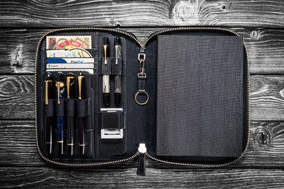Leather Zippered A5 Notebook Folio - Black