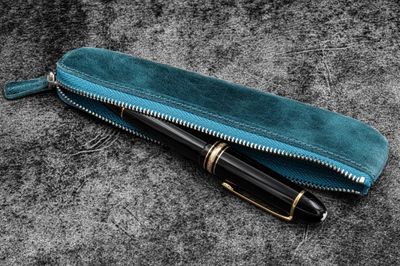 Leather Zippered Single Fountain Pen Pouch - Crazy Horse Ocean Blue