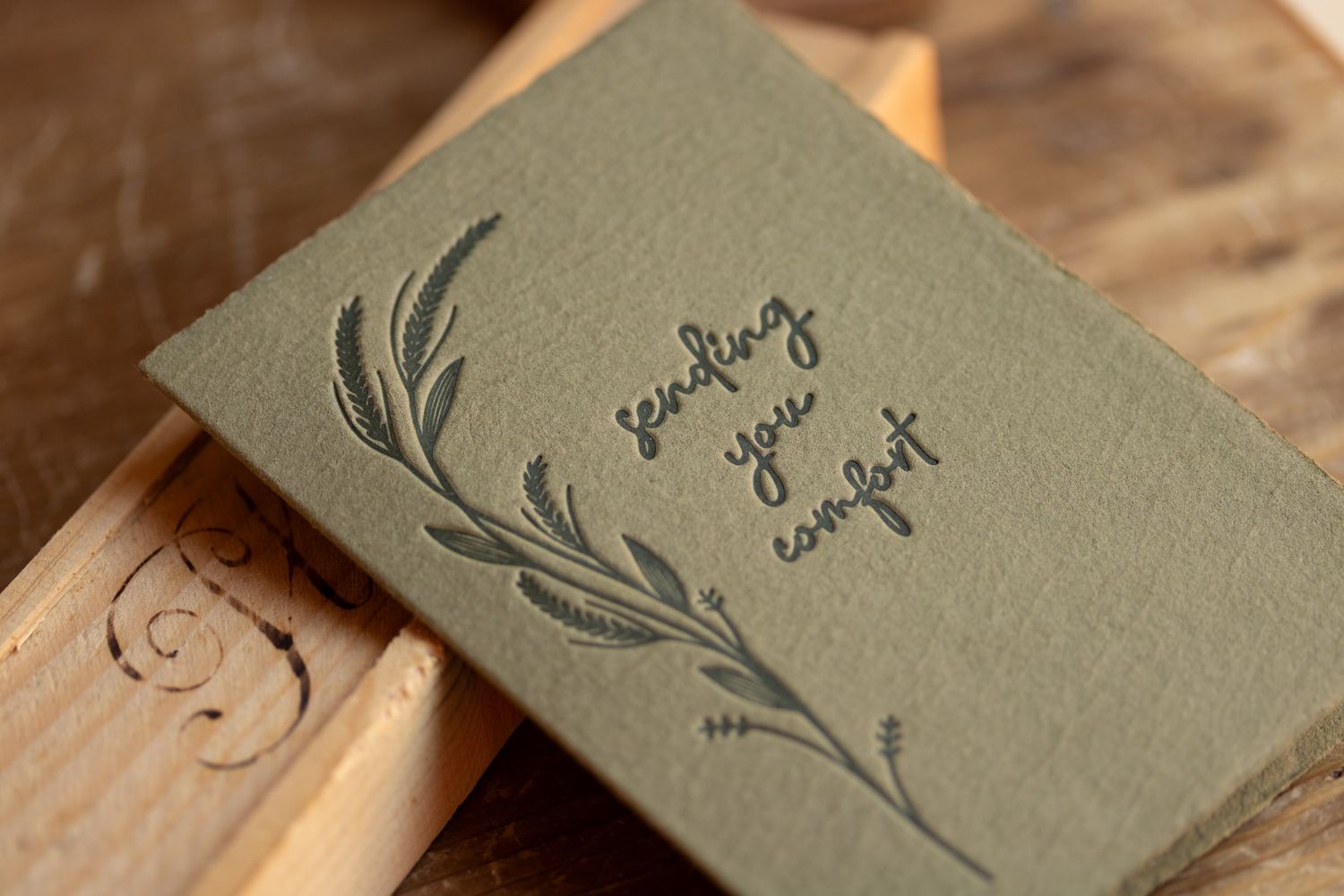 Sending You Comfort Olive Handmade Letterpress Greeting Card