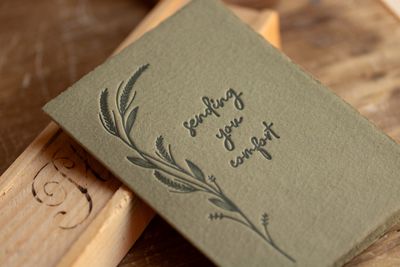 Sending You Comfort Olive Handmade Letterpress Greeting Card
