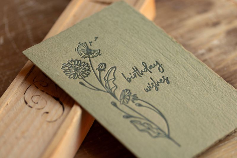 Birthday Wishes Olive Handmade Paper Letterpress Greeting Card