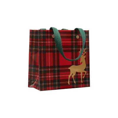 Royal Plaid Reindeer Square Gift Bag - Small