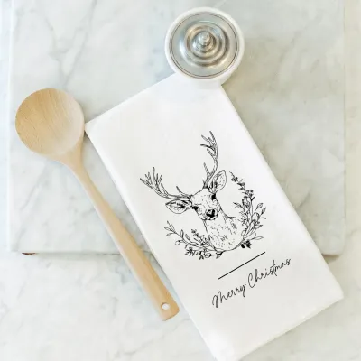 Merry Christmas Deer Natural Cotton Tea Towel