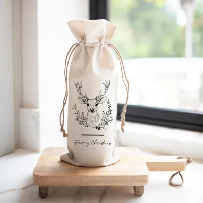 Merry Christmas Deer Natural Cotton Linen Wine Gift Bag