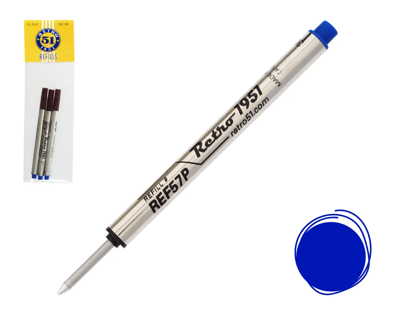 Retro 51 Blue Capless Rollerball Refills (pack of 3)