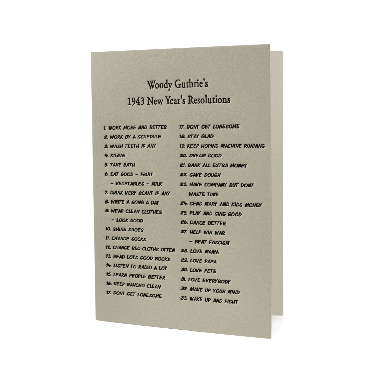 Woody Guthrie's 1943 New Year's Resolutions Letterpress Card, Size: Single