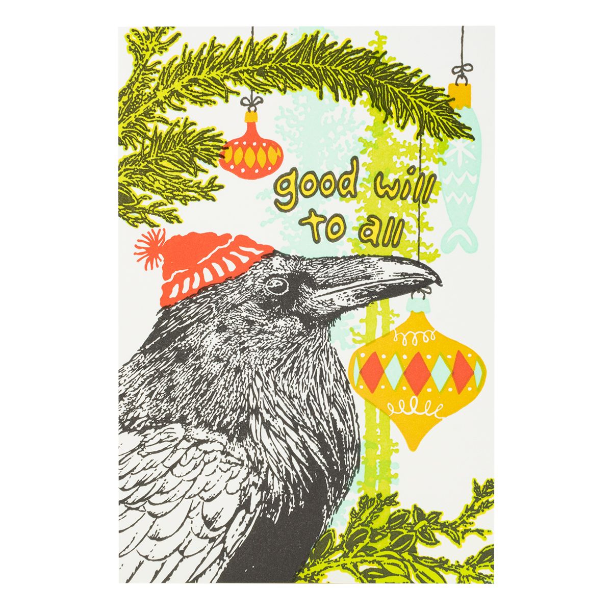 Raven and Ornaments Goodwill to All Letterpress Cards (box of 6), Size: Single