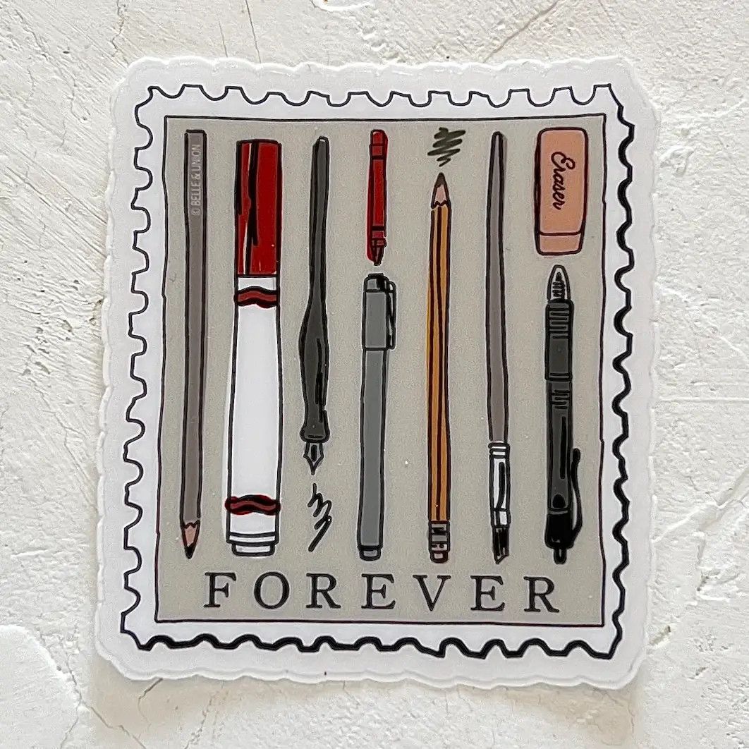 Pens &amp; Pencils Forever Postage Stamp Sticker
