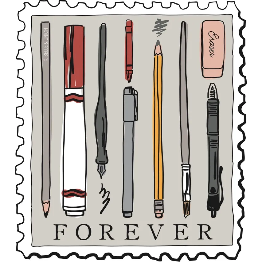 Pens &amp; Pencils Forever Postage Stamp Sticker