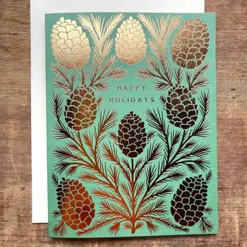 Happy Holidays Foil Copper Green Pinecones Card (Box of 6)